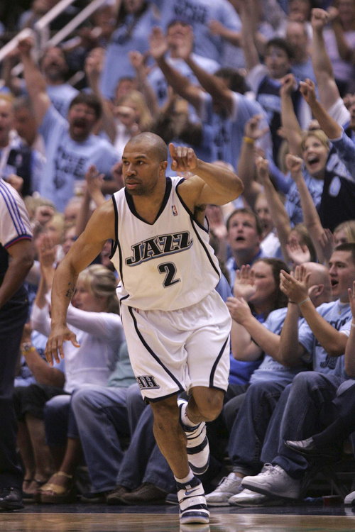 Tribune file photo

Utah Jazz guard Derek Fisher (2) points to the Jazz bench after hitting a three-point shot to put Utah ahead 62-60 in the 3rd quarter of game three of the 2007 Western Conference Finals.