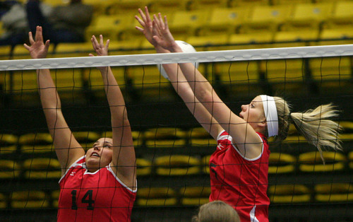 Steve Griffin  |  The Salt Lake Tribune


Millford's Daezia Livingston and Jaycee Denny try to block a spike during their quarterfinal volleyball match against Rich at Utah Valley University's UCCU Center in Provo in Provo, Utah Wednesday, October 30, 2013.