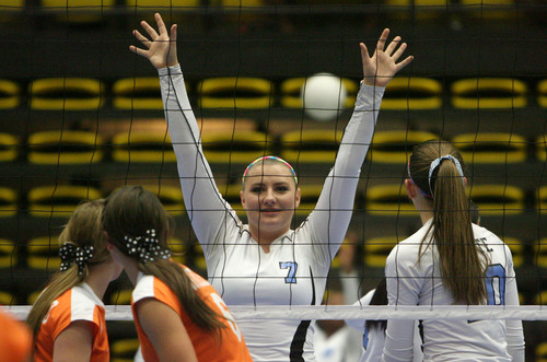 Steve Griffin  |  The Salt Lake Tribune


Piute's Kierra Gleave holds her arms up as her teammate serves during quarterfinal match against Monticello at Utah Valley University's UCCU Center in Provo in Provo, Utah Wednesday, October 30, 2013.