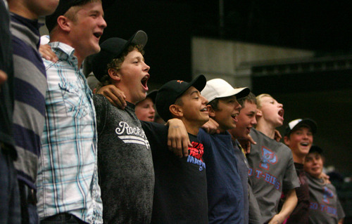 Steve Griffin  |  The Salt Lake Tribune


Piute fans cheer their team on during quarterfinal match against Monticello at Utah Valley University's UCCU Center in Provo in Provo, Utah Wednesday, October 30, 2013.