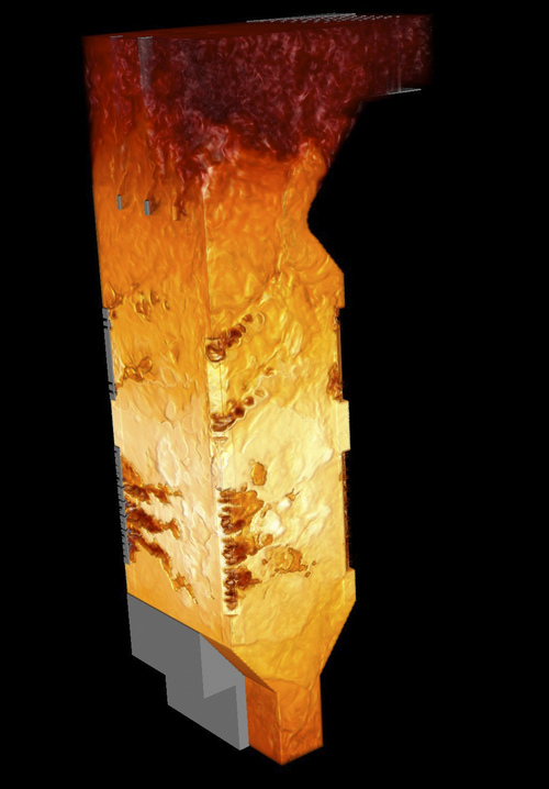 The University of Utah will use a new $16 million grant to conduct sophisticated simulations of a proposed low-emission coal-fired power plant, as shown in this cutaway image of simulated coal combustion. Courtesy University of Utah