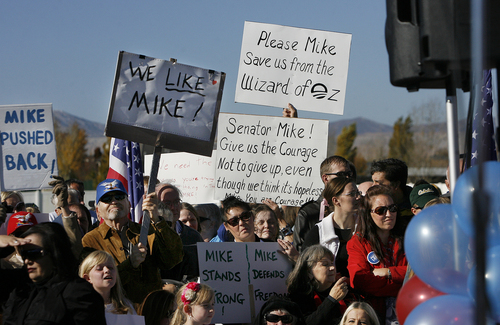 Scott Sommerdorf   |  The Salt Lake Tribune
A selection of the signs that were made to greet Sen. Mike Lee as he spoke at a rally in South Jordan on Saturday, Nov. 2, 2013.