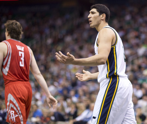 Lennie Mahler  |  The Salt Lake Tribune
Jazz center Enes Kanter reacts to a foul call in the first half of a game against the Houston Rockets on Saturday, Nov. 2, 2013, at EnergySolutions Arena in Salt Lake City.