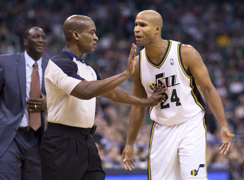 Lennie Mahler  |  The Salt Lake Tribune
Jazz forward Richard Jefferson is called for a technical foul in the first half of a game against the Houston Rockets on Saturday, Nov. 2, 2013, at EnergySolutions Arena in Salt Lake City.