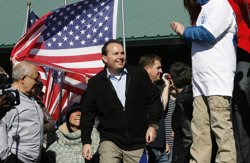 Scott Sommerdorf   |   The Salt Lake Tribune
Sen. Mike Lee arrives at a rally to speek to supporters in  South Jordan on Saturday, Nov. 2, 2013.
