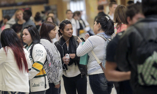 Al Hartmann  |  The Salt Lake Tribune
Kearns High School socialize during lunch in the lobby of the school Monday November 4.   Utah legislators and Granite School District officials toured the school today to observe the learning environment in the school, to identify areas for improvement and to work on solutions. Utah's new School Grading evaluation gave Kearns High School an F.