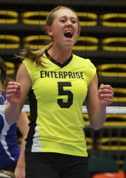Rick Egan  | The Salt Lake Tribune 

Dakota Robinson (5) celebrates a big play for Enterprise, in the 2A volleyball State Championship, Saturday, November 2, 2013.