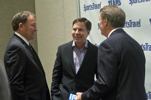 Chris Detrick  |  The Salt Lake Tribune
Bob Costas, Utah Governor Gary R. Herbert and Jeff Robbins, President and CEO of the Utah Sports Commission, talk during the TEAMS Conference & Expo at the Salt Palace Convention Center Tuesday November 5, 2013.
