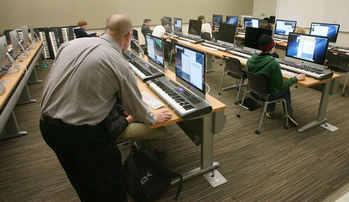 Steve Griffin  |  The Salt Lake Tribune

Students take a class in the a music lab at Salt Lake Community College's new Center for Arts and Media at the South City Campus in Salt Lake City, Utah Tuesday, November 5, 2013.