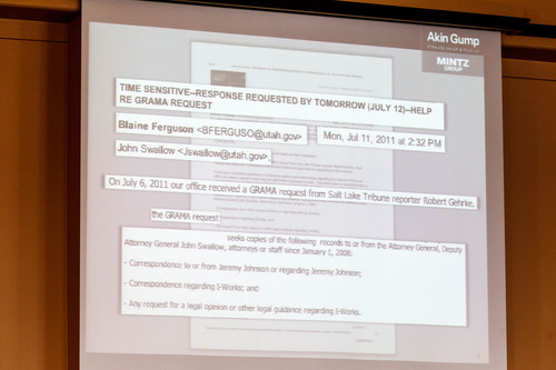 Trent Nelson  |  The Salt Lake Tribune
A projection is displayed on a screen as the House Special Investigative Committee looking into the allegations against Utah Attorney General John Swallow meets to get an update on its probe and its pursuit of records missing from the attorney general's office, Tuesday Nov. 5, 2013 at the Capitol building in Salt Lake City.