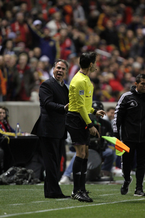 Francisco Kjolseth  |  The Salt Lake Tribune
La Galaxy head coach Bruce Arena gets warned for interruption of a ball that was caught in the wind as RSL takes on the LA Galaxy in the second game of the  Western Conference semifinal at Rio Tinto Stadium in Sandy UT, on Thursday, Nov. 7, 2013.