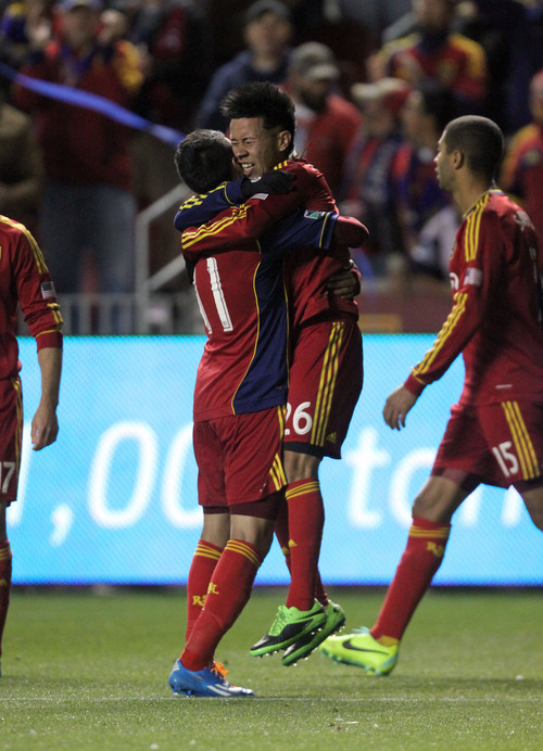 Francisco Kjolseth  |  The Salt Lake Tribune
Real Salt Lake midfielder Sebastian Velasquez (26), center right celebrates the first goal of the night as RSL takes on the LA Galaxy in the second game of the  Western Conference semifinal at Rio Tinto Stadium in Sandy UT, on Thursday, Nov. 7, 2013.