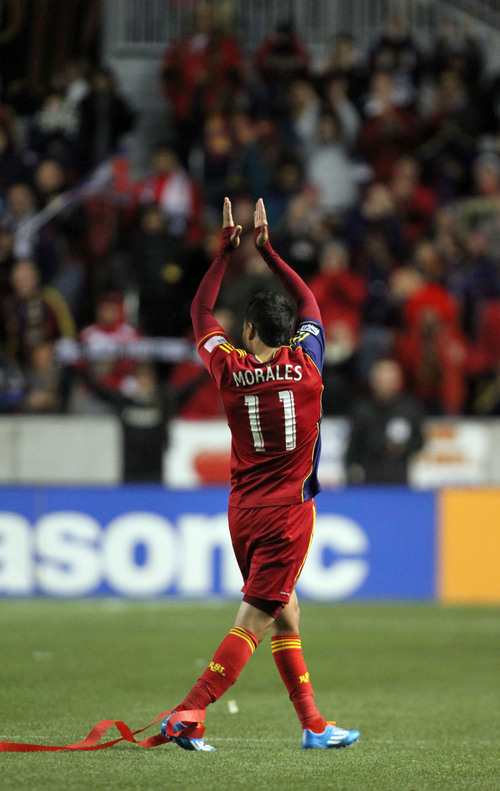 Francisco Kjolseth  |  The Salt Lake Tribune
Real Salt Lake midfielder Javier Morales (11) motivates the fans as he walks off the field as RSL takes on the LA Galaxy in the second game of the  Western Conference semifinal at Rio Tinto Stadium in Sandy UT, on Thursday, Nov. 7, 2013.