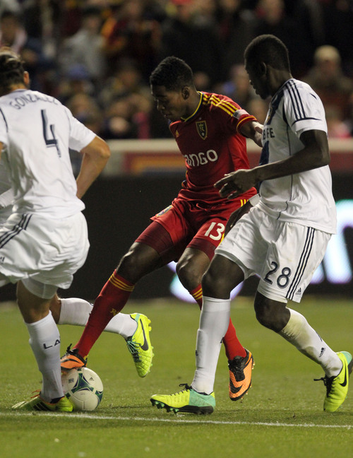 Francisco Kjolseth  |  The Salt Lake Tribune
Real Salt Lake forward Olmes Garcia (13) takes on the defense as RSL takes on the LA Galaxy in the second game of the  Western Conference semifinal at Rio Tinto Stadium in Sandy UT, on Thursday, Nov. 7, 2013.