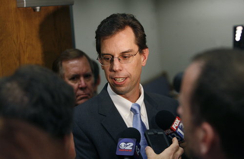 Scott Sommerdorf   |  The Salt Lake Tribune
Defense attorney Randy Spencer speaks to the media outside the courtroom after the jury was released in order to deliberate on a verdict in the Martin McNeill homicide case, Friday, November 8, 2013.