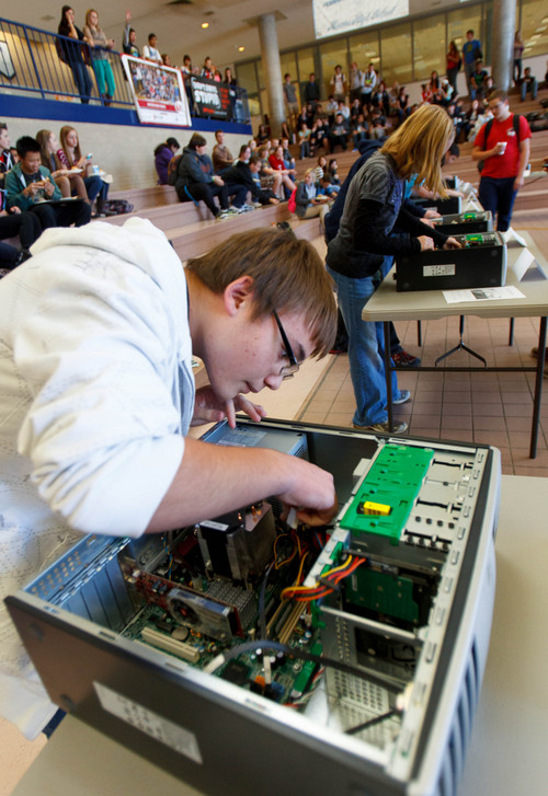 Trent Nelson  |  The Salt Lake Tribune
Cole McGill works on a computer as students compete in the sixth annual Fastest Geek Contest at Hunter High School  in the Granite School District on Friday. Granite, the largest district in the Salt Lake Valley, has seen its growth slow enough -- less than 1 percent this year -- that it turned 14 elementaries back to traditional rather than year-round schedules, said spokesman Ben Horsley.