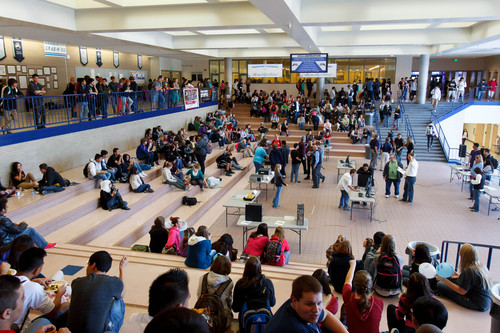 Trent Nelson  |  The Salt Lake Tribune
Students at lunch look on as the sixth annual Fastest Geek Contest takes place in the commons at Hunter High School in the Granite School District on Friday. Granite, the largest district in the Salt Lake Valley, has seen its growth slow enough ó less than 1 percent this year ó that it turned 14 elementaries back to traditional rather than year-round schedules, said spokesman Ben Horsley.