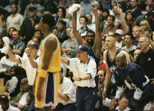 Tribune File Photo
Jazz ball boy Preston Truman celebrates the Jazz sweep of the Lakers in the 1998 Western Conference Finals in L.A. on May 24, 1998.