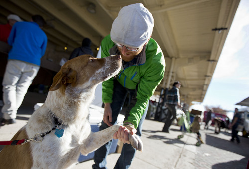 Lennie Mahler  |  The Salt Lake Tribune
Derek Kitchen plays with his dog, Goji, at the Winter Farmers Market on Saturday. The market runs from 10 a.m. to 2 p.m. every other Saturday at the Rio Grande Depot in downtown Salt Lake City.
