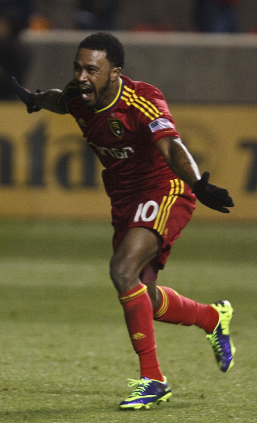 Leah Hogsten  |  The Salt Lake Tribune
Real Salt Lake forward Robbie Findley (10)celebrates his goal in the second half. Real Salt Lake leads the Portland Timbers 1-0 at the half during their first leg of  the Western Conference final series Sunday, November 10, 2013 at Rio Tinto Stadium.