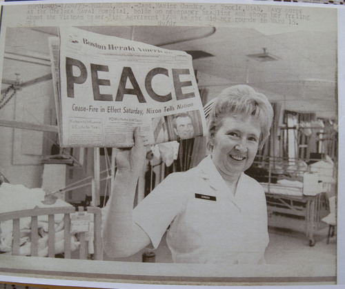 Steve Griffin  |  The Salt Lake Tribune

In this UPI photograph, Maxine Conder holds a newspaper announcing that peace had been achieved in Vietnam in 1973. Conder was a naval nurse at the Chelsea Naval Hospital at the time. Conder was the second female admiral in U.S. naval history. She served as a nurse in Korea and in administrative roles during Vietnam. Conder and several other veterans will be honored on Veterans Day at the University of Utah.