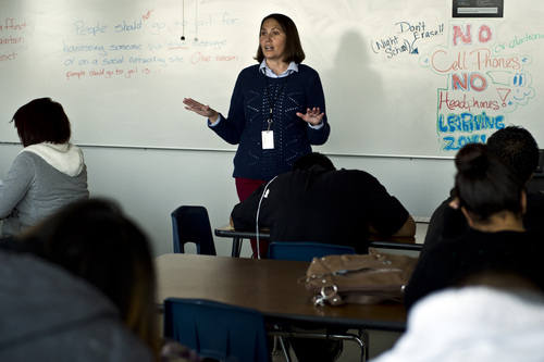 Chris Detrick  |  The Salt Lake Tribune
Teacher Erin Newsome talks to the students in her language arts class at Horizonte Instruction and Training Center in Salt Lake City Tuesday November 12, 2013.