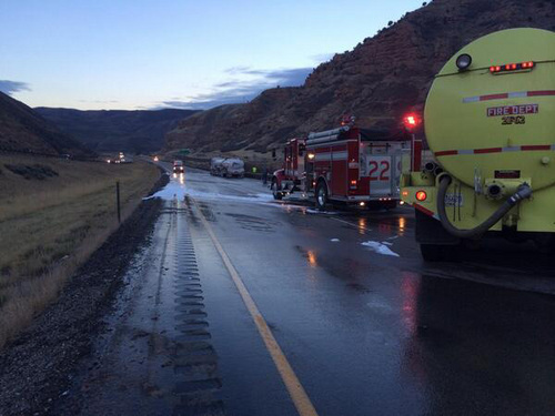 | Courtesy North Summit Fire
North Summit fire crews responded to the scene of a semi-trailer fuel tanker fire on Interstate 80 in Summit County Wednesday morning.