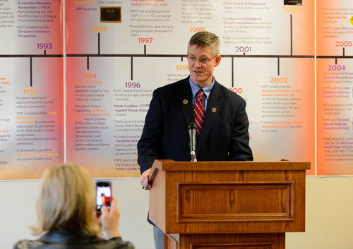 Trent Nelson  |  The Salt Lake Tribune
Rep. Tim Cosgrove speaks before a fifteen foot long timeline of progress as state officials and others celebrated 30 years of violence and injury prevention in Utah, Thursday November 14, 2013.