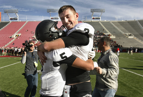 Scott Sommerdorf   |  The Salt Lake Tribune
Pine View QB Kory Wilstead, right and WR Jack Bangerter celebrate after Pine View beat Juan Diego 48-42 in OT in the 3AA semi-final game played at Rice-Eccles Stadium, Thursday, November 14, 2013.