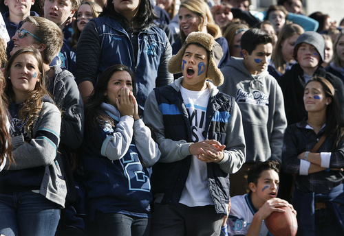 Scott Sommerdorf   |  The Salt Lake Tribune
Juan Diego fans are stunned as Pine View scores a 2 point conversion to tie the game at 42-42 with :01 left on the clock. Pine View beat Juan Diego 48-42 in OT in the 3AA semi-final game played at Rice-Eccles Stadium, Thursday, November 14, 2013.