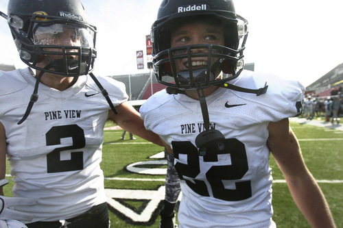 Scott Sommerdorf   |  The Salt Lake Tribune
Pine View WR Colton Miller, right, celebrates with backup QB Dylan Draper after scoring the winning TD in OT. Pine View beat Juan Diego 48-42 in OT in the 3AA semi-final game played at Rice-Eccles Stadium, Thursday, November 14, 2013.