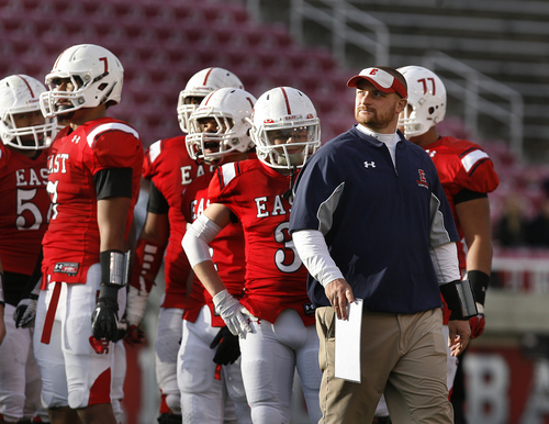 Scott Sommerdorf   |  The Salt Lake Tribune
East head coach Brandon Matich looks up at the scoreboard after visiting with his team during a first half timeout. East held a 21-14 lead at the half in the 4A semi-final game played at Rice-Eccles Stadium, Thursday, November 14, 2013.