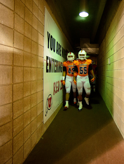 Trent Nelson  |  The Salt Lake Tribune
Timpview players prepare to take the field as Woods Cross faces Timpview High School in the 4A State Semifinals in Salt Lake City, Thursday November 14, 2013.