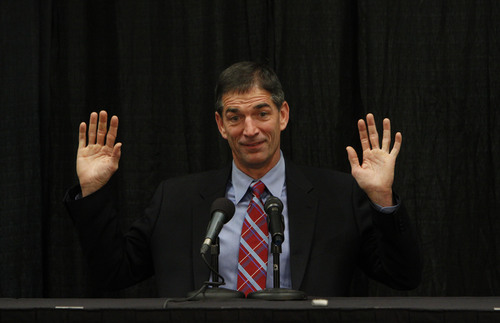 Francisco Kjolseth  |  The Salt Lake Tribune
Former Utah Jazz player John Stockton jokes with reporters when asked about Twitter and his lack of knowledge about what it even is as he holds a press conference at Energy Solutions Arena to promote his new book on Friday, Nov. 15, 2013.