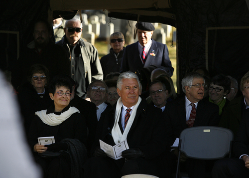 Scott Sommerdorf   |  The Salt Lake Tribune
President Dieter F. Uchtdorf, a fighter pilot in the postwar German Air Force and second counselor in the LDS Church's First Presidency, and his wife, Harriet, left, attend ceremony on the German Day of Remembrance at Fort Douglas Cemetery, Sunday November 17, 2013.