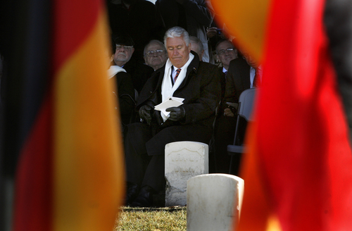 Scott Sommerdorf   |  The Salt Lake Tribune
President Dieter F. Uchtdorf, a fighter pilot in the postwar German Air Force and second counselor in the LDS Church's First Presidency, listens during the ceremony on the German Day of Remembrance, Sunday November 17, 2013. Nine German soldiers buried in a southeast section of the Fort Douglas Cemetery were honored, along with about 20 other German soldiers buried there from World War I.