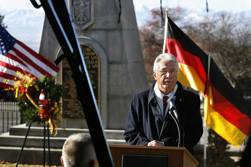 Scott Sommerdorf   |  The Salt Lake Tribune
President Dieter F. Uchtdorf, a fighter pilot in the postwar German Air Force and second counselor in the LDS Church's First Presidency, speaks during the ceremony on the German Day of Remembrance, Sunday November 17, 2013. Nine German soldiers buried in a southeast section of the Fort Douglas Cemetery were honored, along with about 20 other German soldiers buried there from World War I.