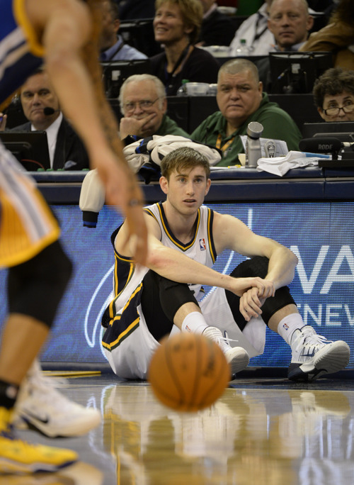 Rick Egan  | The Salt Lake Tribune 

Utah Jazz shooting guard Gordon Hayward (20) waits for a deadfall to return to the game as the Jazz trailed by more than 20 points in the second half, as The Utah Jazz faced The Golden State Warriors, at the EnergySolutions Arena, Monday, November 18, 2013.  Curry did not return to the game after the play.