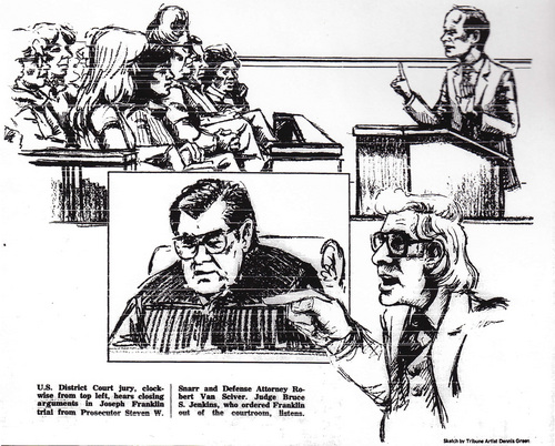| Tribune file
A sketch by former Salt Lake Tribune artist Dennis Green captured scenes during the closing arguments of Joseph Paul Franklin's federal trial in Salt Lake City on March 3, 1981.