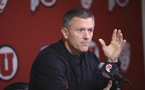 Al Hartmann  |  The Salt Lake Tribune
University of Utah head football coach Kyle Whittingham announces in a press conference in Salt Lake City Monday November 18 that starting quarterback Travis Wilson was diagnosed with a concussion and will be out for the rest of the season.