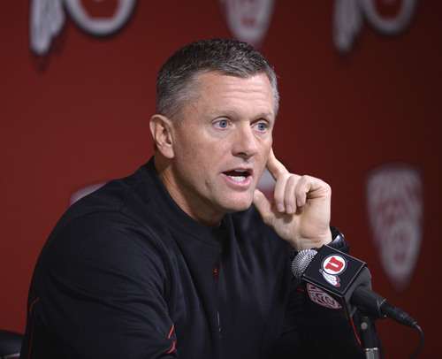 Al Hartmann  |  The Salt Lake Tribune
University of Utah head football coach Kyle Whittingham announces in a press conference in Salt Lake City Monday November 18 that starting quarterback Travis Wilson was diagnosed with a concussion and will be out for the rest of the season.