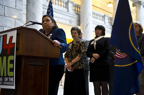 Chris Detrick  |  The Salt Lake Tribune
Representative Rebecca Chavez-Houck (D – Salt Lake City) speaks during a rally at the State Capitol Wednesday November 20, 2013. Medicaid expansion advocates were trying to show Gov. Gary Herbert that they want him to expand the low-income health safety net.