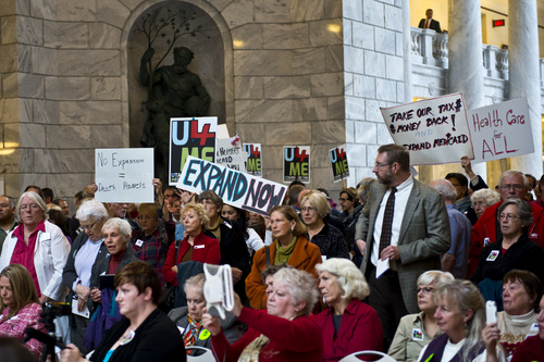 Chris Detrick  |  The Salt Lake Tribune
Utahns for the Medicaid Expansion, faith leaders, nurses association members and members of the public participate during a rally at the State Capitol Wednesday November 20, 2013. Medicaid expansion advocates were trying to show Gov. Gary Herbert that they want him to expand the low-income health safety net.