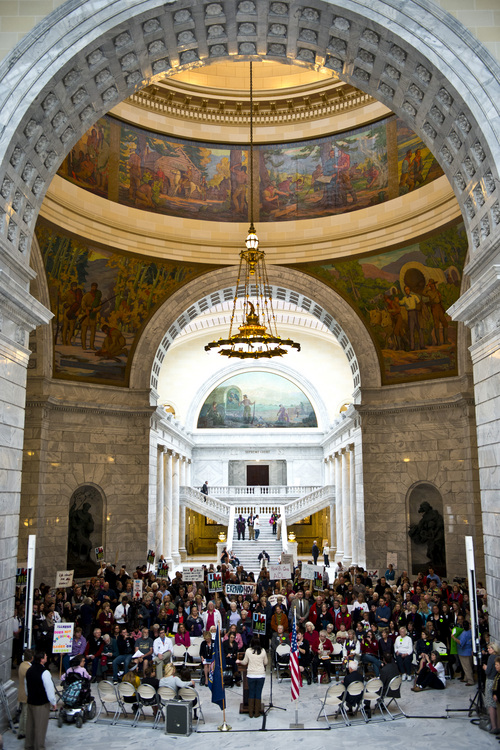 Chris Detrick  |  The Salt Lake Tribune
Utahns for the Medicaid Expansion, faith leaders, nurses association members and members of the public participate during a rally at the State Capitol Wednesday November 20, 2013. Medicaid expansion advocates were trying to show Gov. Gary Herbert that they want him to expand the low-income health safety net.