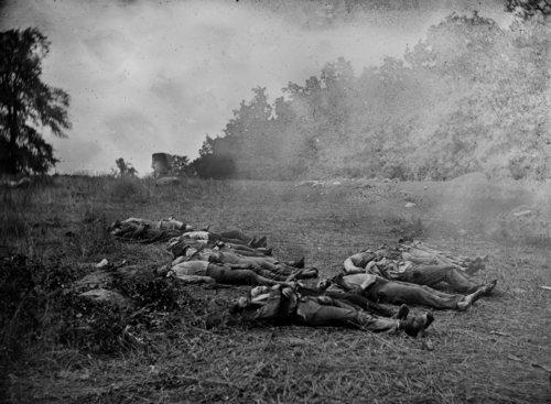 In this photo provided by the Library of Congress, dead Confederate soldiers lie at the edge of the Rose Woods in Gettysburg, Pa., following the Battle of Gettysburg during the Civil War, July 5, 1863. (AP Photo/Library of Congress/Alexander Gardner)