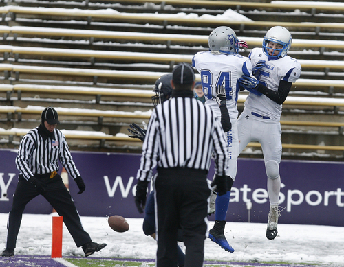 Scott Sommerdorf   |  The Salt Lake Tribune
Rich WR Skyler Argyle, left, and RB Cache Sabey, #5, celebrates Argyle's TD catch during first half play that made the score 14-7. Duchesne led Rich 14-7 at the half in the 1A championship, played at Weber State University in Ogden, Utah, Saturday November 16, 2013..