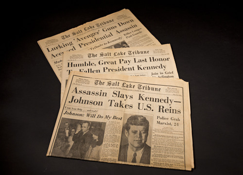 Lennie Mahler  |  The Salt Lake Tribune
Original issues of The Salt Lake Tribune following the assassination of President John F. Kennedy on Friday, November 22, 1963. Photographed in the Tribune studio Thursday, Nov. 21, 2013.