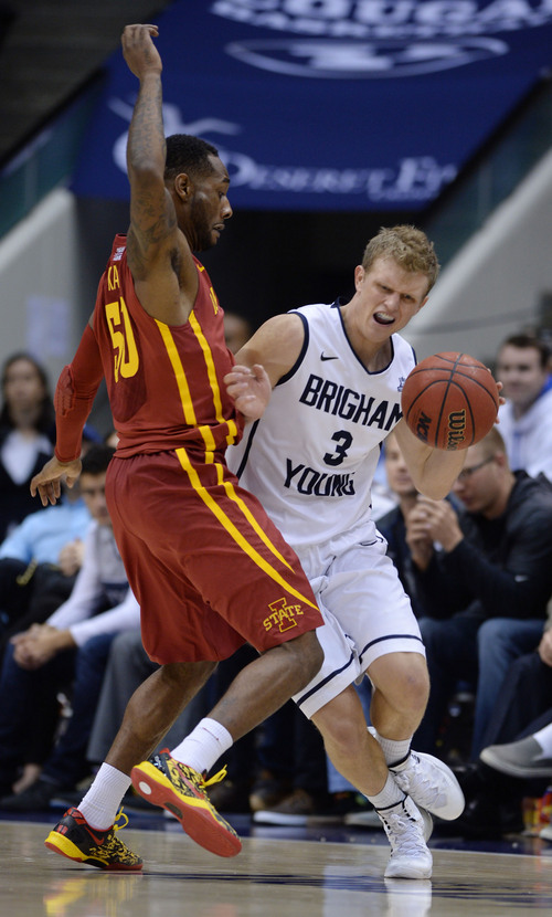 Steve Griffin  |  The Salt Lake Tribune


BYU's Tyler Haws gets bumped by Iowa State's DeAndre Kane during second half action in the BYU versus Iowa State men's basketball game at the Marriott Center in Provo, Utah Thursday, November 21, 2013.