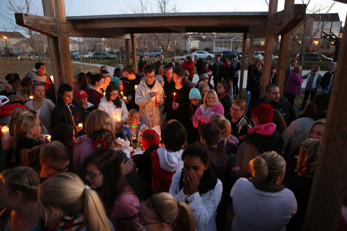 Francisco Kjolseth  |  The Salt Lake Tribune
People gather in South Jordan at Firmont Park for a candelight vigil on Sunday, Nov. 17, 2013, in memory of Taylor Wheeler, 12, and Dayton Gessell, 15, after the two were found dead in a home in Daybreak on Friday.