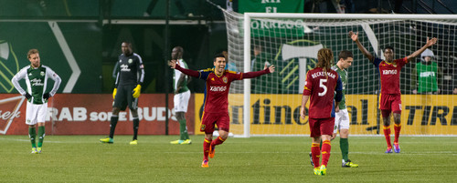 Trent Nelson  |  The Salt Lake Tribune
RSL players celebrate the win as Real Salt Lake faces the Portland Timbers, MLS soccer Sunday November 24, 2013 in Portland.